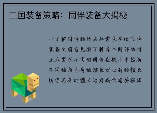 三国装备策略：同伴装备大揭秘