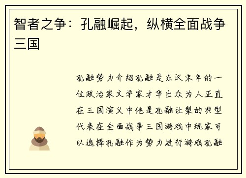 智者之争：孔融崛起，纵横全面战争三国